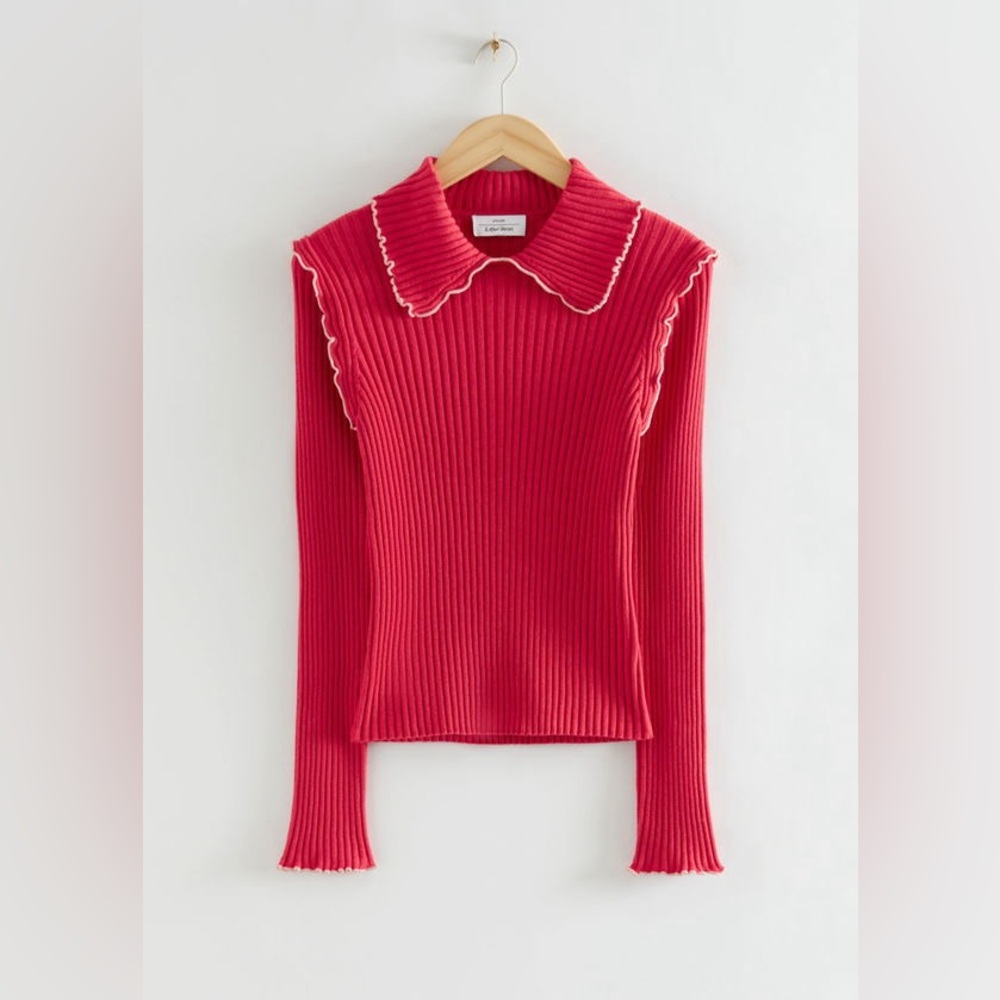 & OTHER STORIES Frilled Edge Ribbed Wool Top Size M NEW WITH TAG